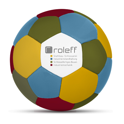 Werbeball Roleff Stahlbau und Schlosserei vierfarbig blau rot grün gelb