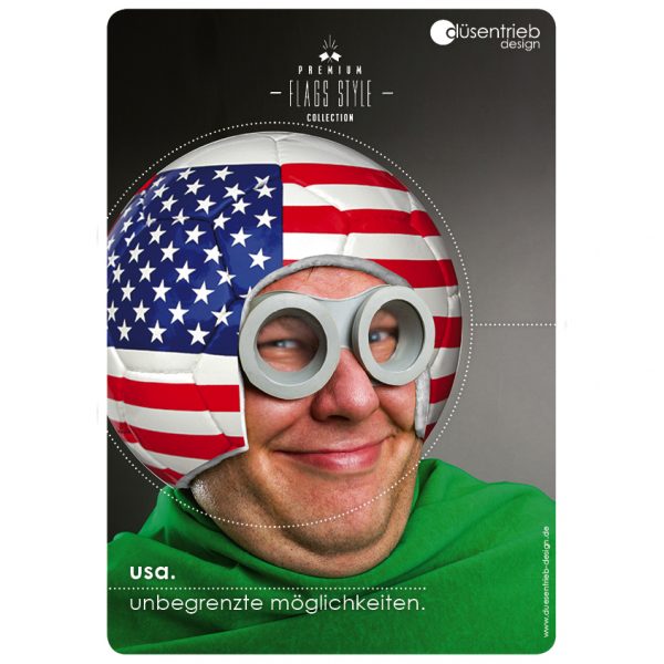 Plakat USA unbegrenzte Möglichkeiten, Mann mit USA Fußball als Helm